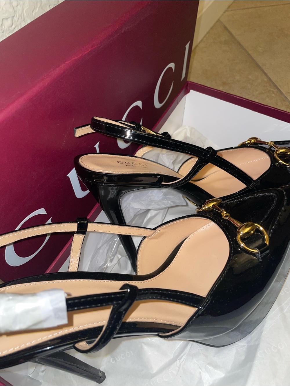 Gucci Black Patent Leather Horsebit Slingback Pumps GG size 7 high heels - Picture 13 of 14